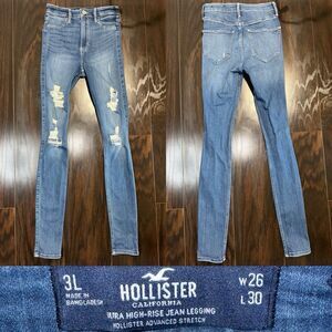 Hollister Jeans Womens 3L Curvy High Rise 26x30 Advanced Stretch Distressed Dark